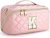 TOPEAST Initial Makeup Bag, Quilted Letter Cosmetic Bag Cute Make Up Bag with Handle Portable Travel Toiletries Bag Pink, Personalized Birthday Gift for Women, K