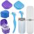 Jutieuo Denture Case Kit, 2 Denture Cup with 2 Denture Brush & 2 Portable Brush Box, 2 Retainer Case, Denture Bath Cup with Strainer & Lid for Travel, Storage Soak Cleaner (Blue & Purple)