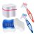 Denture Cleaner Box and Brush Set – 2 Pack Denture Bath Case with Basket + 2 Pack Denture Brush, Portable Denture Retainer Storage Box, False Teeth Brushes for Oral Care (Blue and Red)